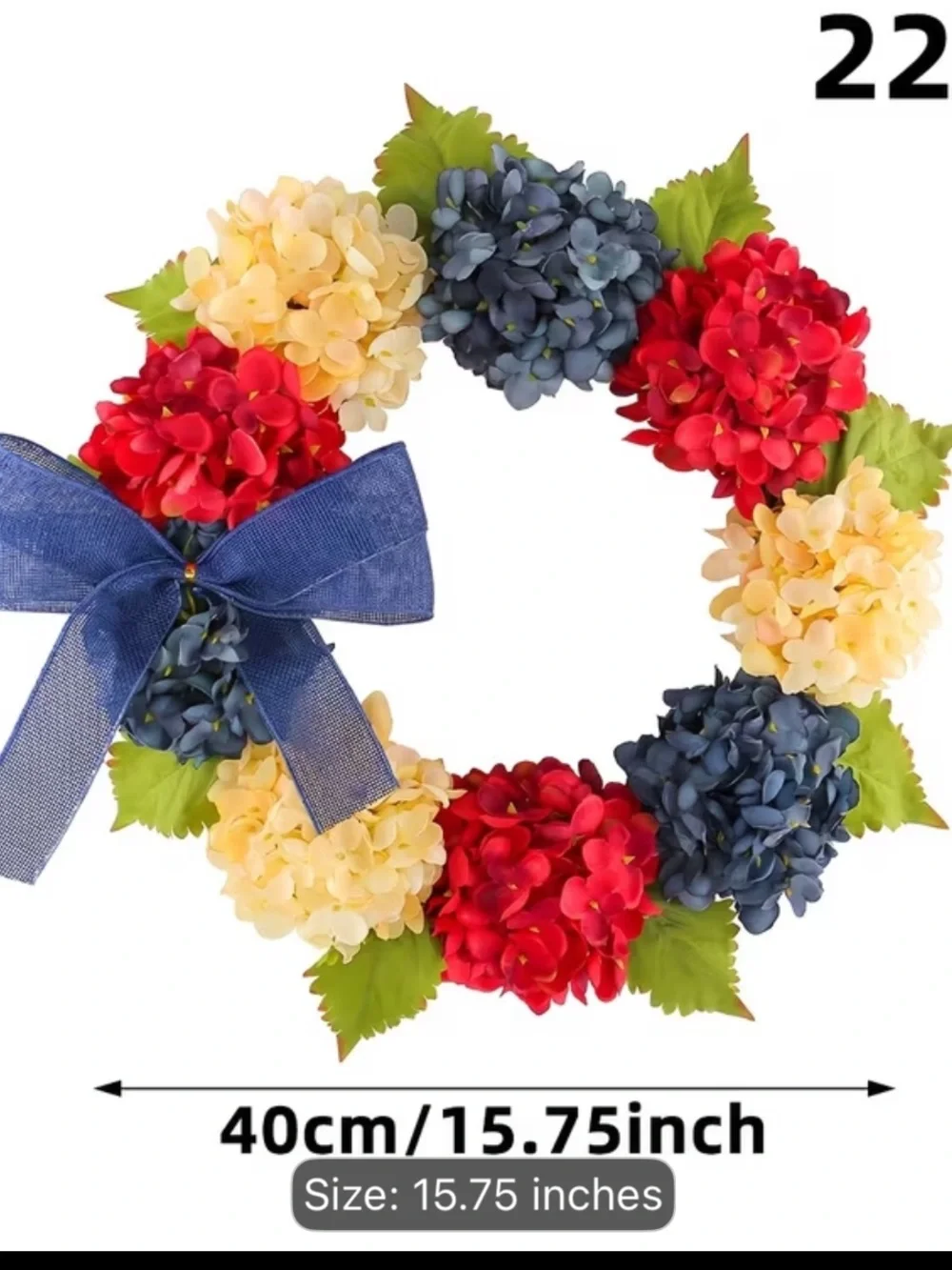 Holiday Hydrangea Wreath in Cream, Red, and Blue